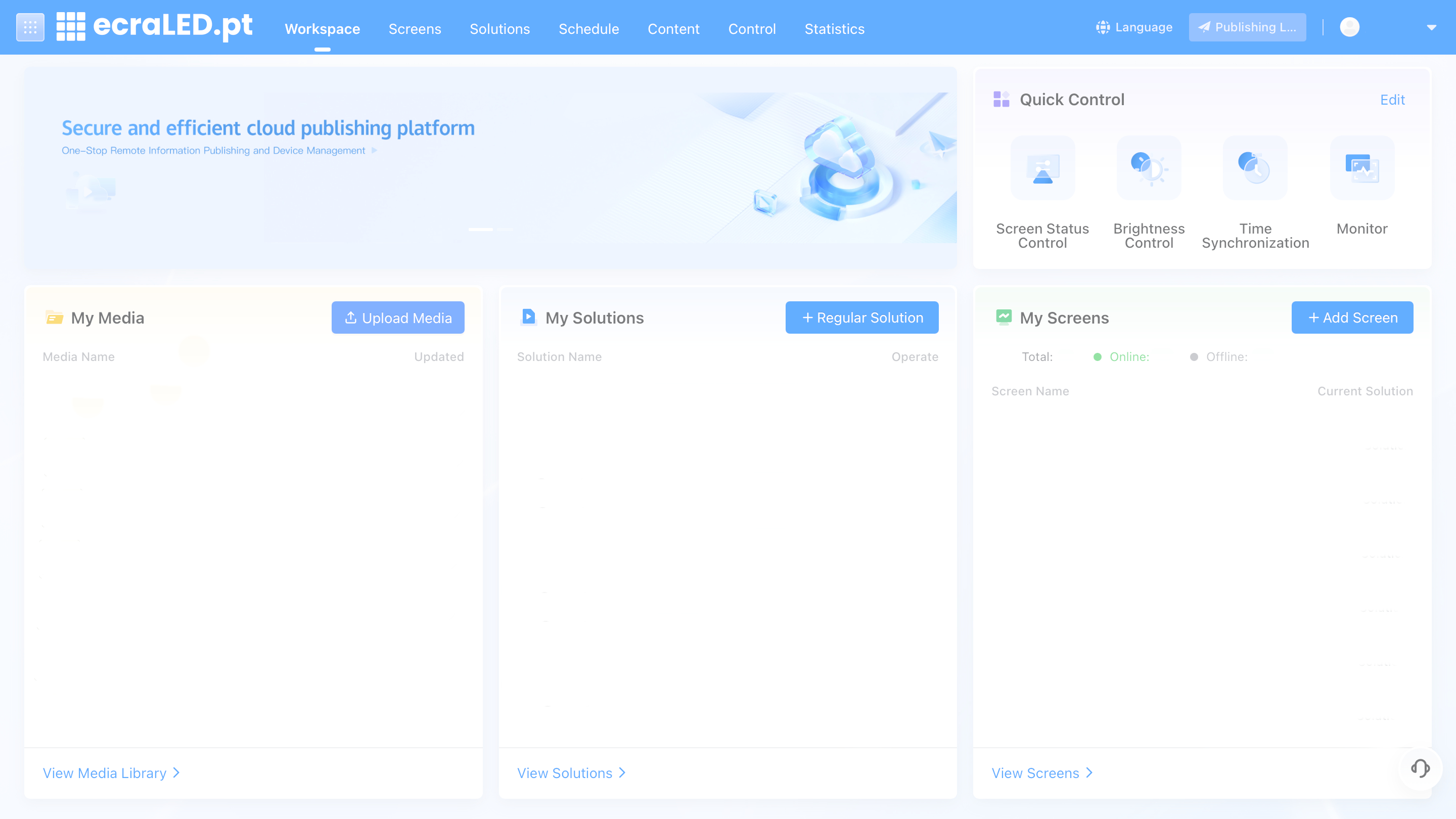 Dashboard da plataforma de gestão de conteúdos